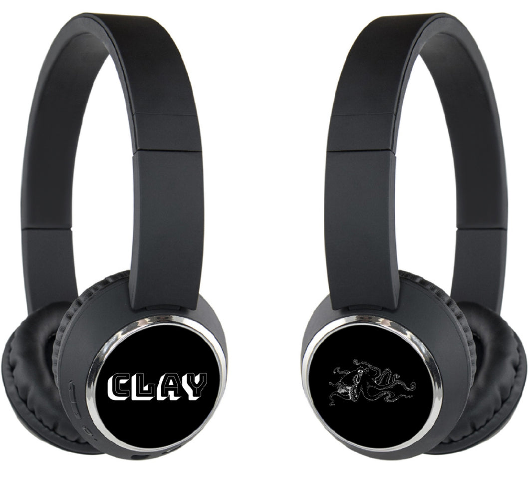 Black wireless headphones with CLAY and octopus logos