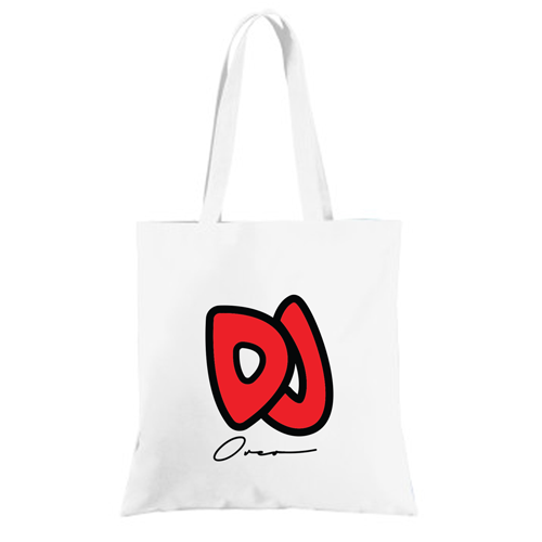 White tote bag with large red DJ logo on the front