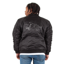 Load image into Gallery viewer, Black bomber with white octopus logo on the back.
