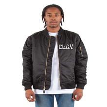 Load image into Gallery viewer, Black bomber with white CLAY logo on the front
