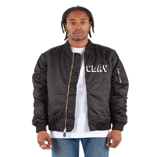 Black bomber with white CLAY logo on the front