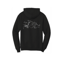 Load image into Gallery viewer, Black hoodie with white octopus logo on back
