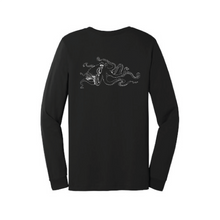 Load image into Gallery viewer, Black long sleeve shirt with white octopus logo on back
