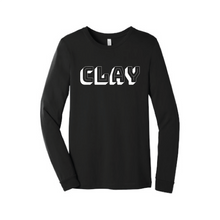 Load image into Gallery viewer, Black long sleeve shirt with white CLAY logo on front
