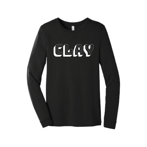 Black long sleeve shirt with white CLAY logo on front