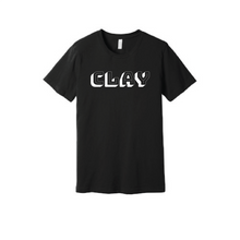 Load image into Gallery viewer, Black tee shirt with white CLAY logo on front
