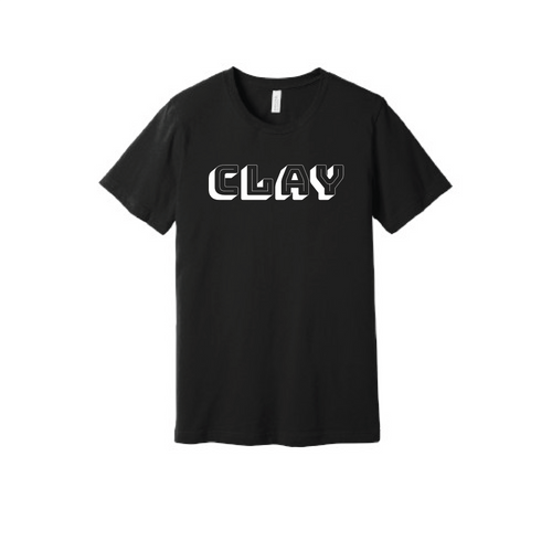 Black tee shirt with white CLAY logo on front