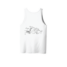 Load image into Gallery viewer, White tank top with black octopus logo on back
