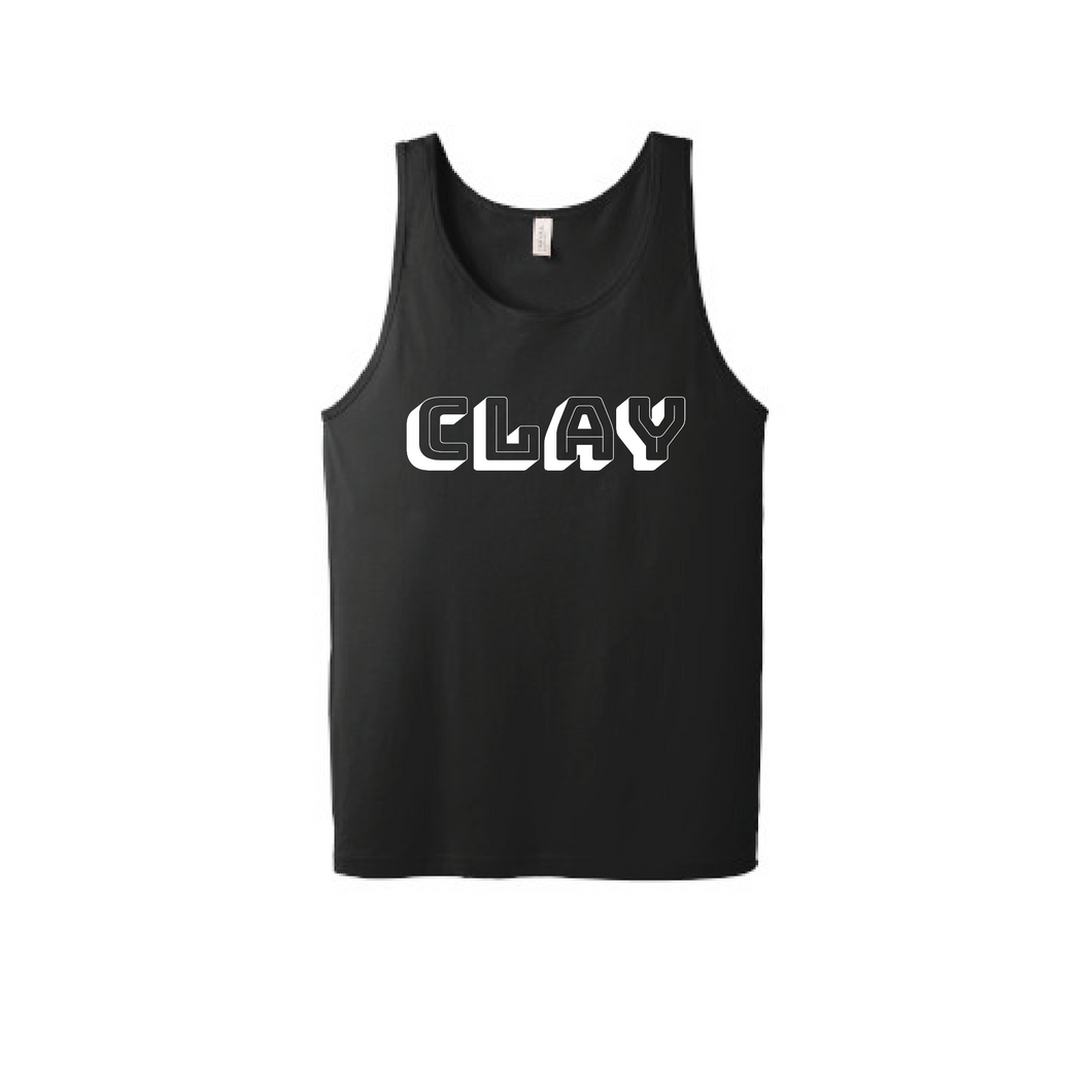 Black tank top with white CLAY logo on front