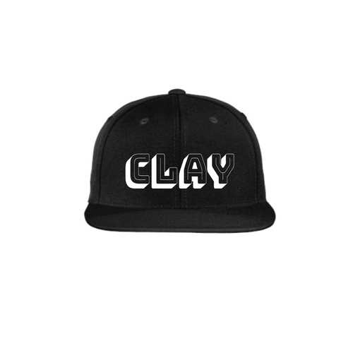 Black snap back hat with white CLAY logo