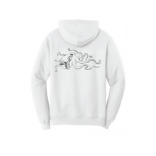 Load image into Gallery viewer, White hoodie with black octopus logo on back
