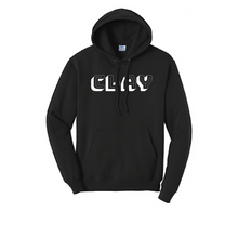 Load image into Gallery viewer, Black hoodie with white CLAY logo on front
