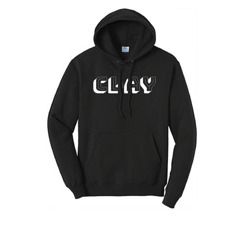 Black hoodie with white CLAY logo on front