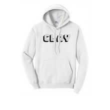 Load image into Gallery viewer, White hoodie with black CLAY logo on front
