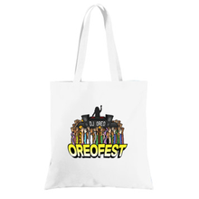 Load image into Gallery viewer, White tote bag with large Oreofest logo on the front
