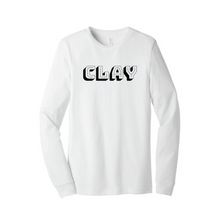 Load image into Gallery viewer, White long sleeve shirt with black CLAY logo on front
