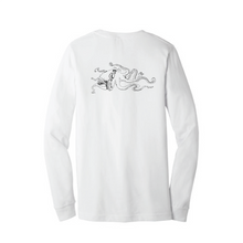 Load image into Gallery viewer, White long sleeve shirt with black octopus logo on back
